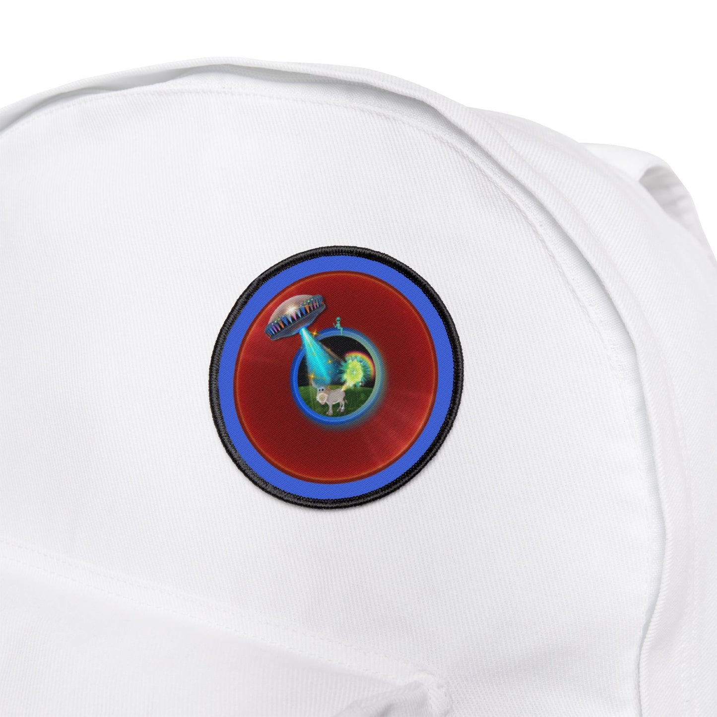 Iron-On Donut Patch - "Donut Patches? In Tomahawk County?" - vivid red donut - variant 1