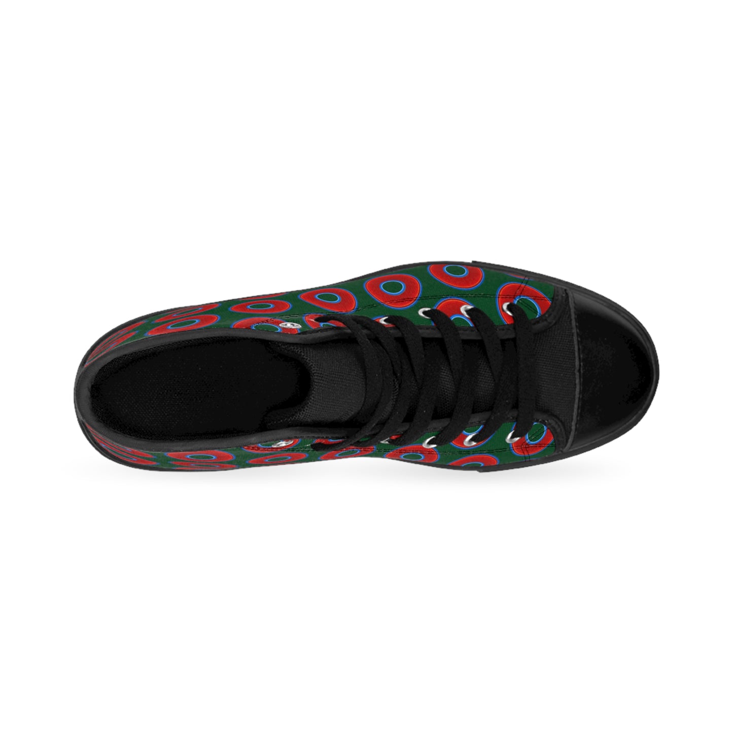 Cushiony Convectors - High Tops - red vivid donuts w/midnight teal green background