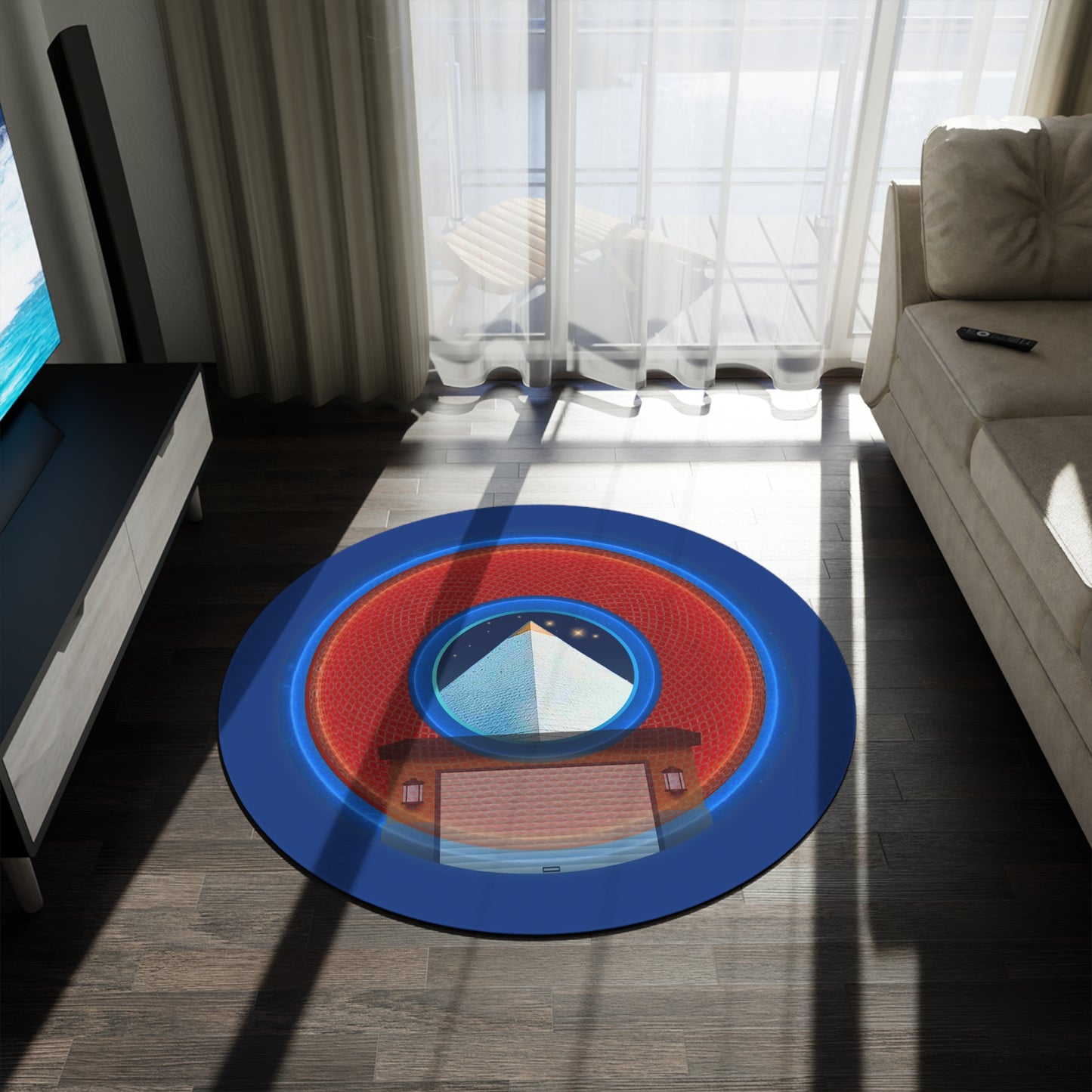 Round Room - 5 ft x 5 ft Lumpy Donut Rug - "Limestone Donut Rugs so Large " - rustic red/blue donut w/dark blue background - variant 2