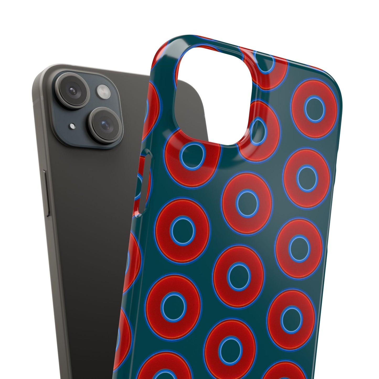 Lumpy Donut Snap Case - red vivid donut print w/midnight teal green background