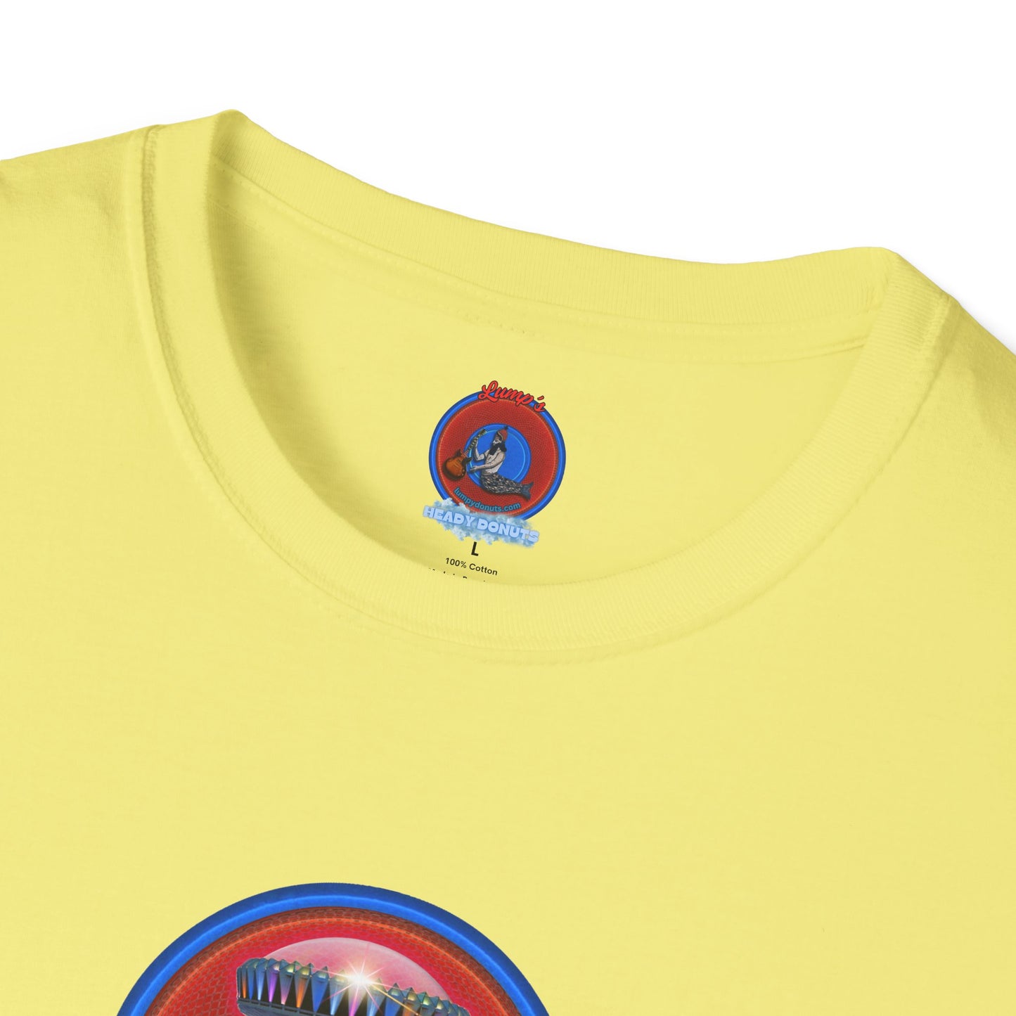 Classic Donut Tee - Unisex Soft-Style - "Donuts now Served on the Mothership" - red/blue donut