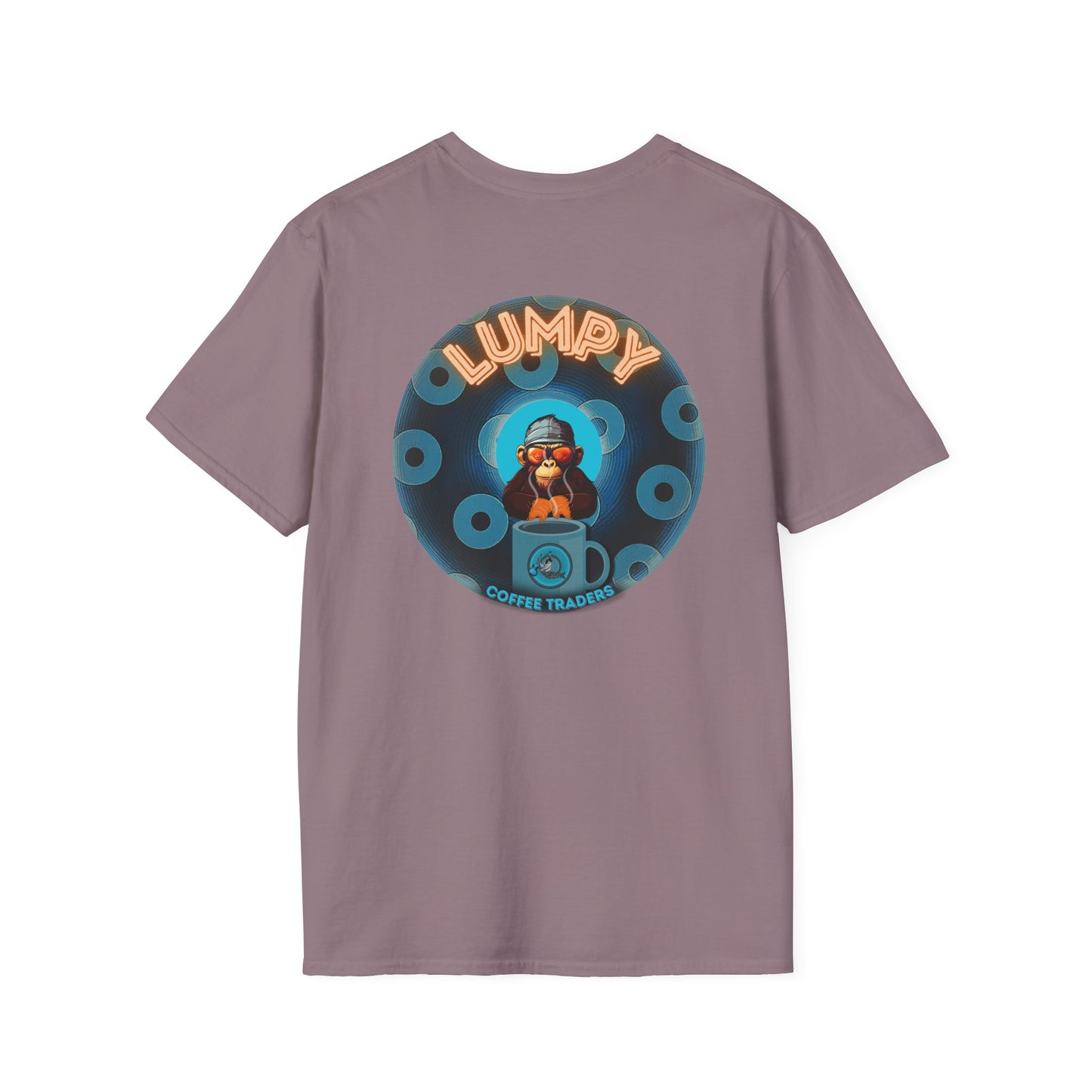 Lumpy Coffee Traders Tee - Unisex Soft-Style - "Good to Last Leaky Drop" - paradoxical donut - variant 2 - ocean donut front/logo back