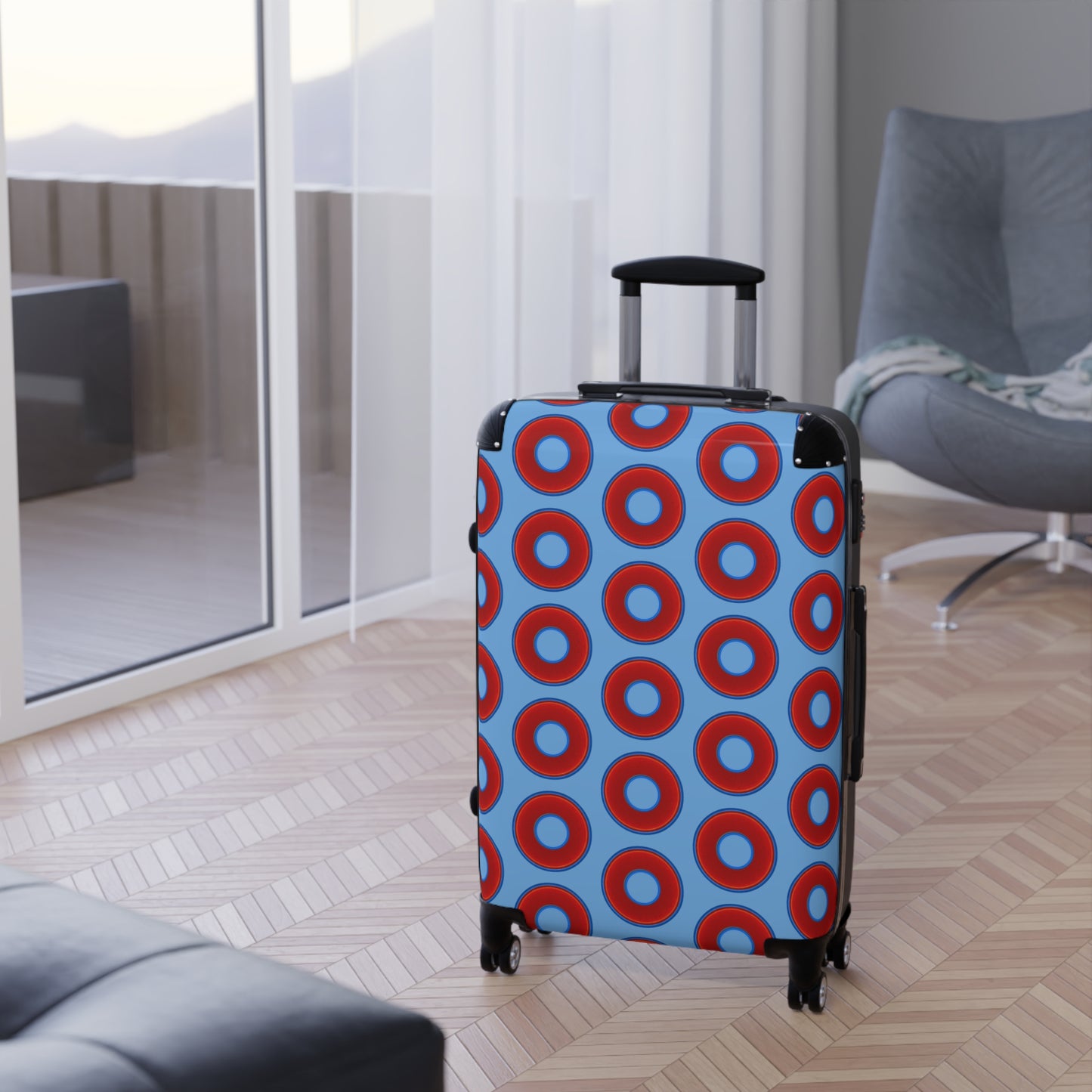 The Very Lumpy Donut Suitcase series - your choice of S, M or L - vivid red donut print w/light blue background
