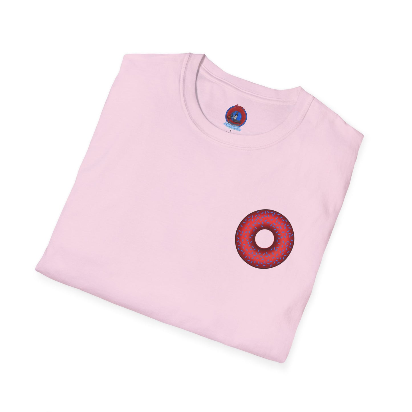 Classic Donut Tee - Unisex Soft-Style - "Plain Plump Donut w/" - plump red donut w/blue sprinkles