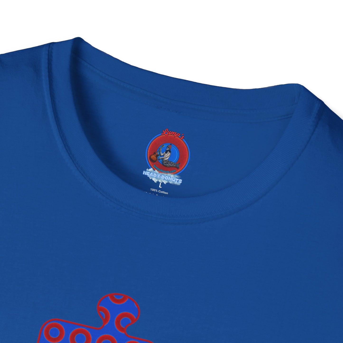 Classic Donut Tee - Unisex Soft-Style - "Trey's Completed Donut Pattern" - vivid red/blue puzzle pattern - variant 2