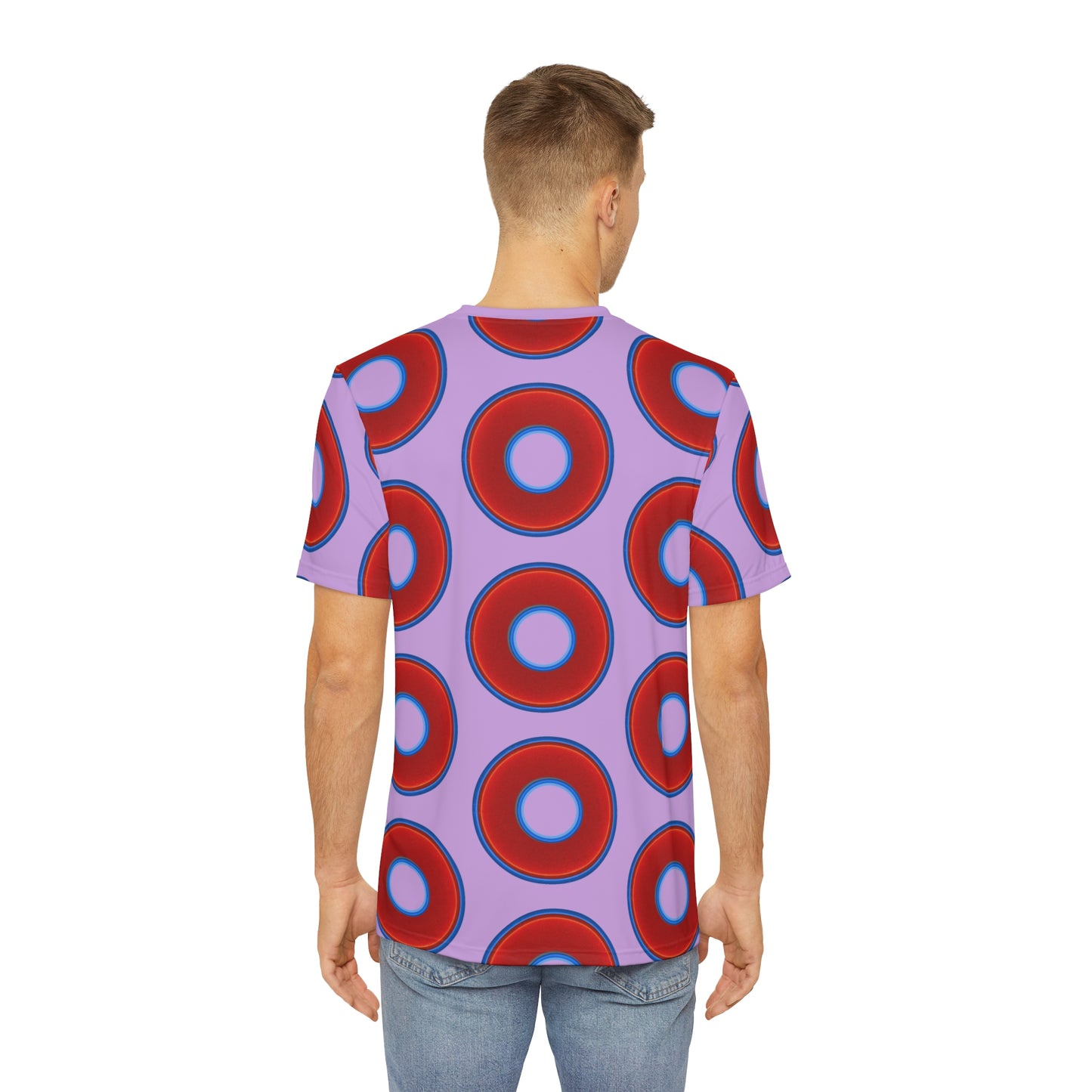 Multi-Beastie Giant Donut AOP Polyester Tee - red vivid donut print w/wisteria purple background