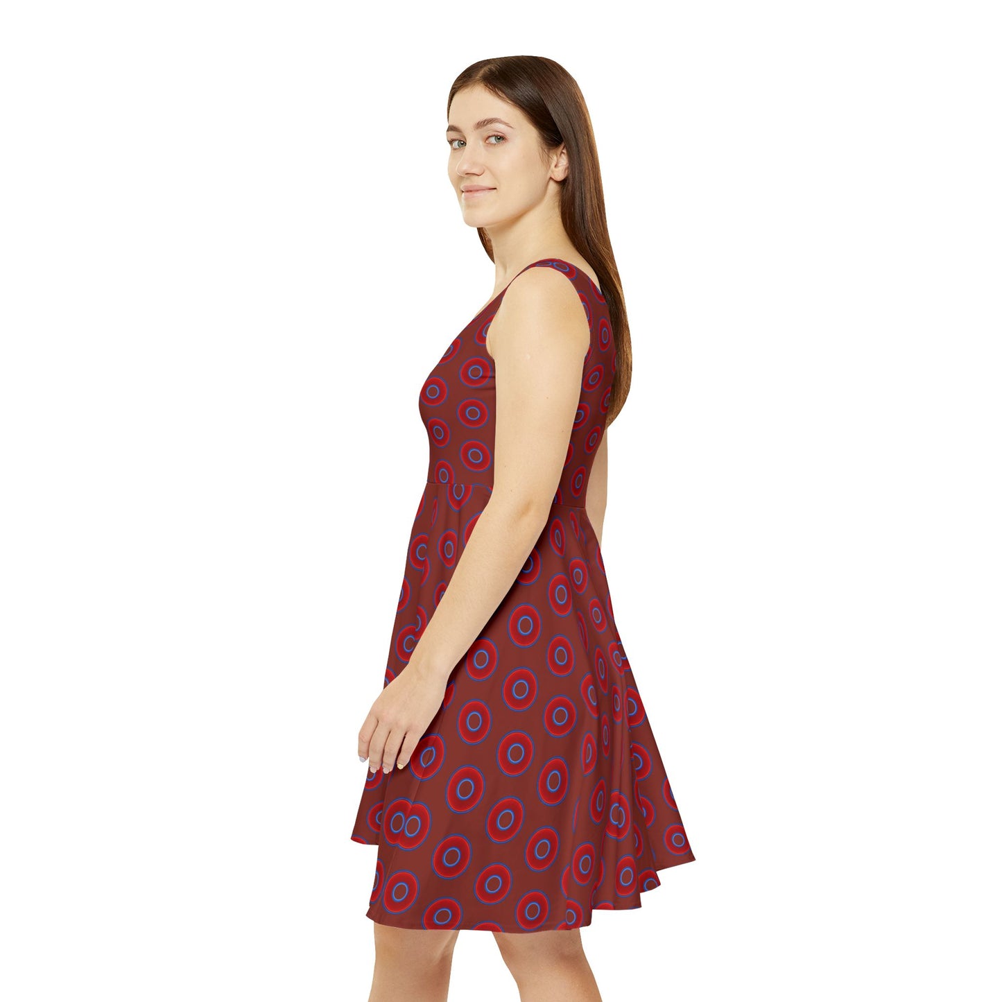 Women's Skater Donut Dress - vivid red donut print w/burnt umber background