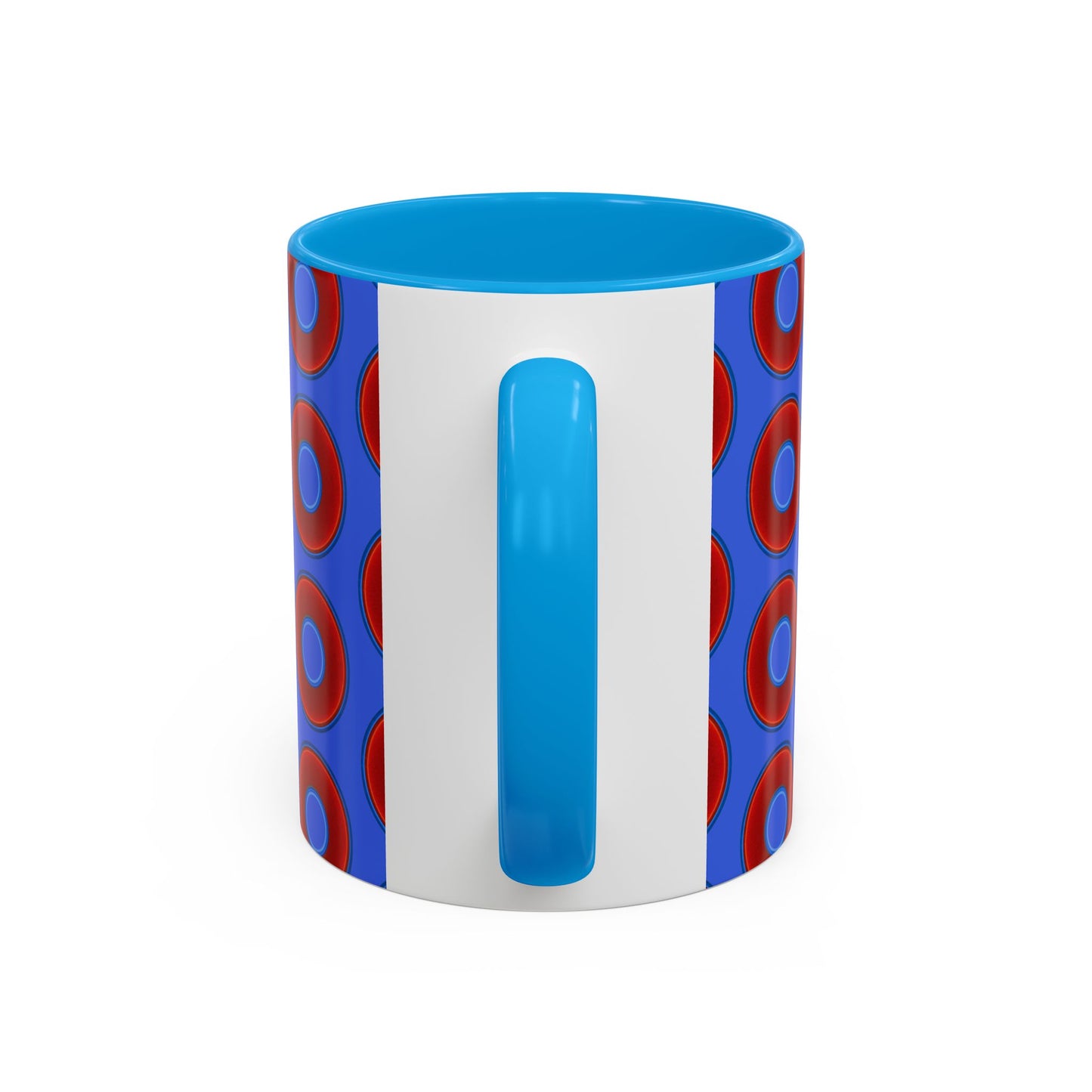 Lump's Grumpy Coffee Mug - vivid red donuts w/royal blue background