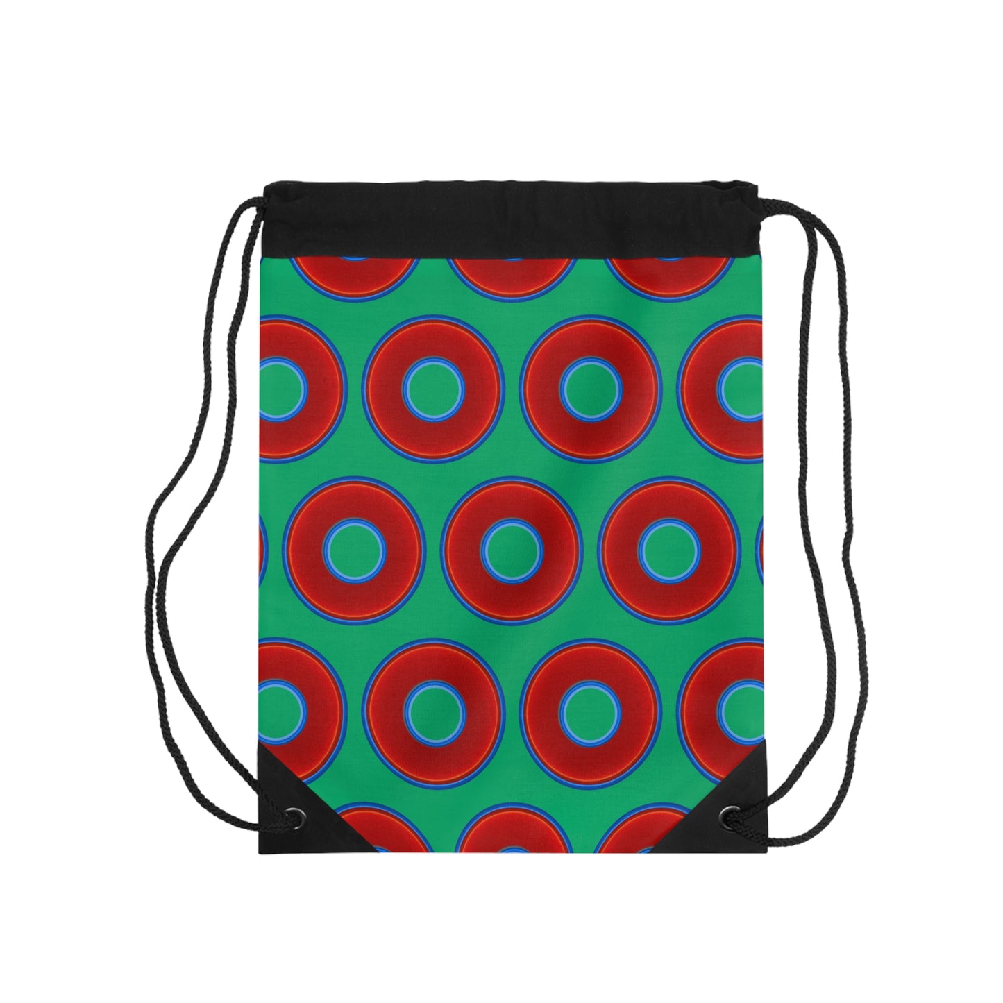 Donut Drawstring Bag - red vivid donuts print w/jade green background