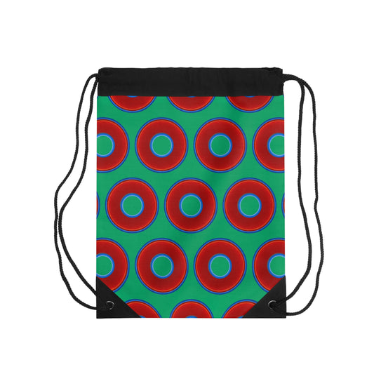 Donut Drawstring Bag - red vivid donuts print w/jade green background