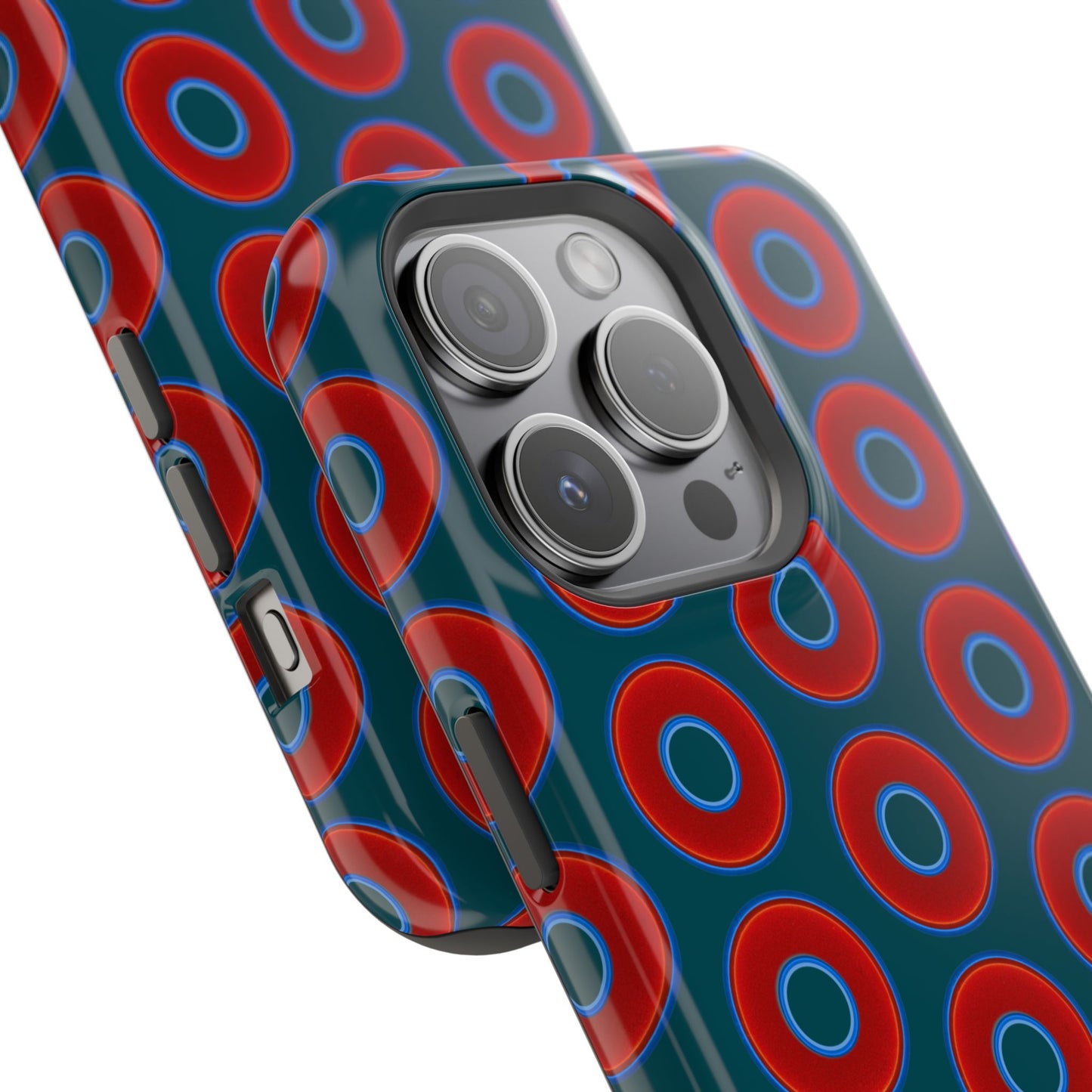 Impact-Resistant Lumpy Donut Case - red vivid donut print w/midnight green background