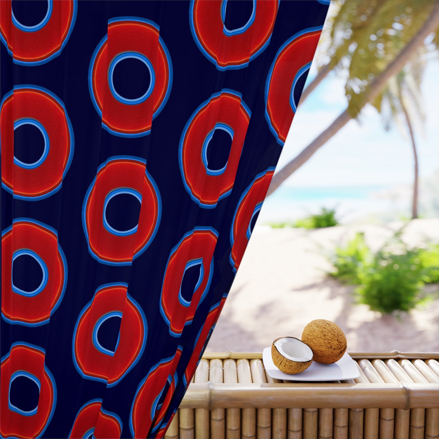 Lump's Heady Curtain w/Donuts - vivid red donut print - w/midnight blue background - [*1 Piece / 50" x 84"]