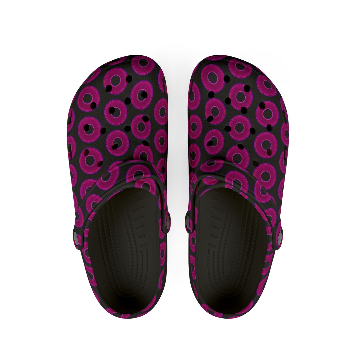 Spatchcocks - donut slip-on shoes - vivid magenta donuts w/black background [unisex]