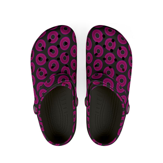 Spatchcocks - donut slip-on shoes - vivid magenta donuts w/black background [unisex]