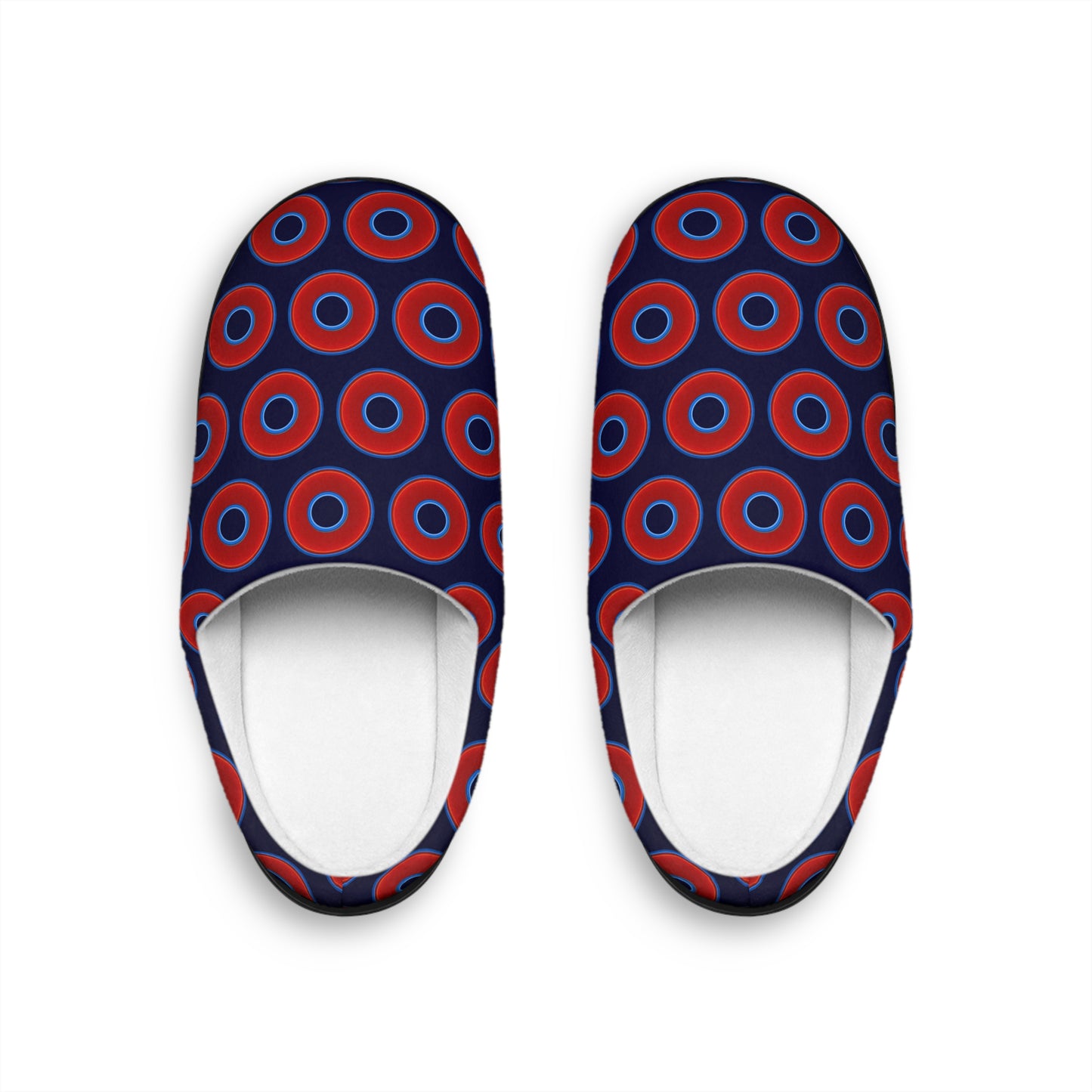 Men's Lumpy Slippers - red vivid donut print w/midnight blue background