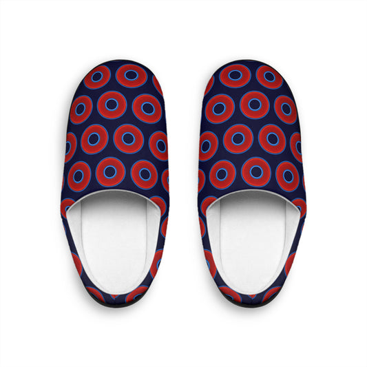 Men's Lumpy Slippers - red vivid donut print w/midnight blue background