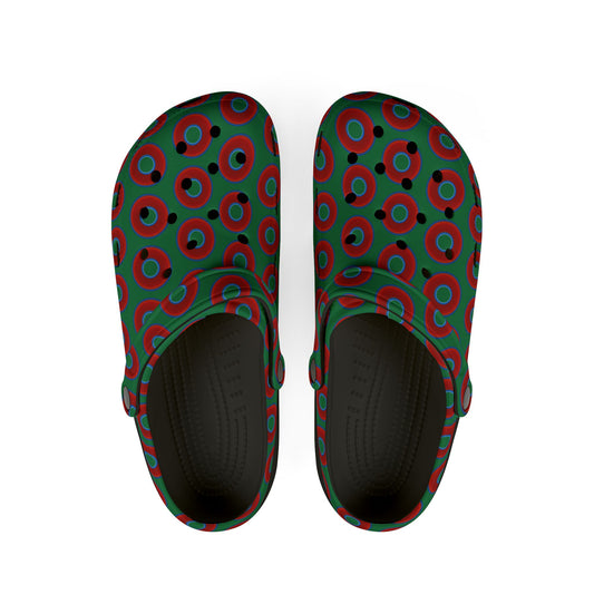 Spatchcocks - donut slip-on shoes - vivid red donuts w/green background [unisex]