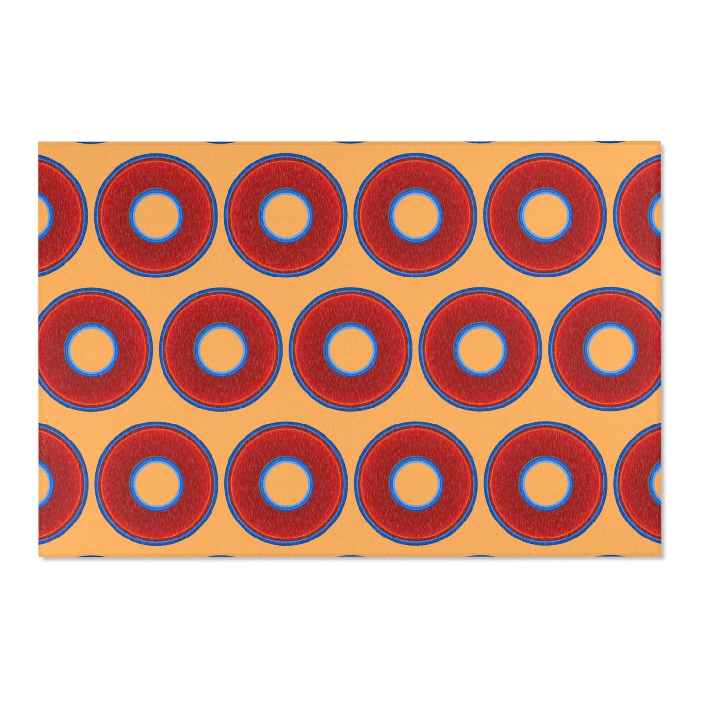Lumpy Donut Print Rug - choice of 3 sizes - vivid red donut print w/creamsicle orange background