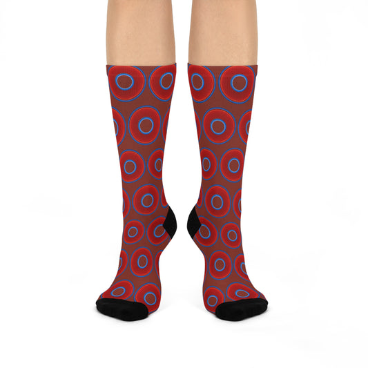 Lumpy Sox - cushioned crew - vivid red donut print w/burnt umber background