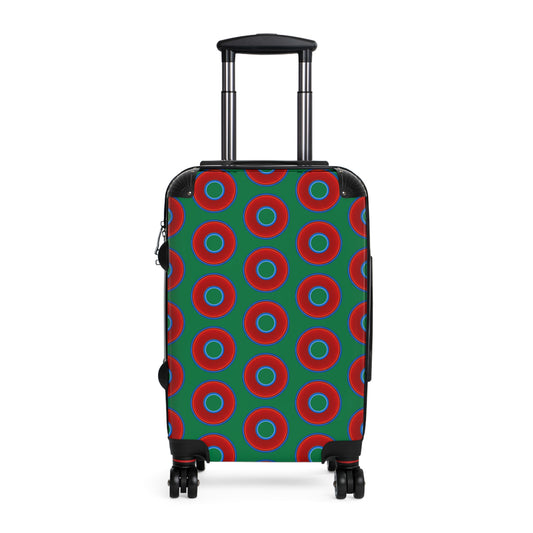 The Very Lumpy Donut Suitcase series - your choice of S, M or L - vivid red donut print w/green background