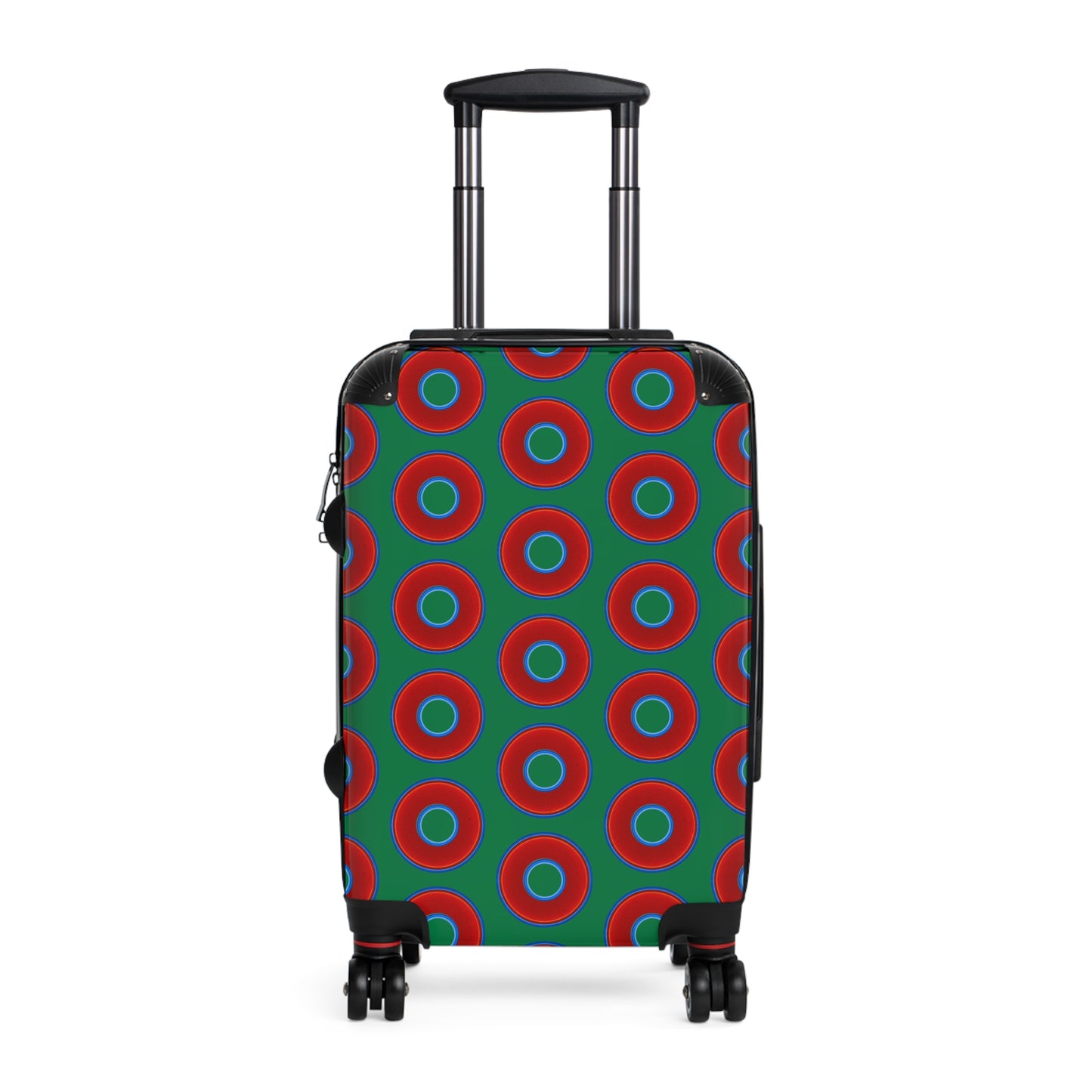 The Very Lumpy Donut Suitcase series - your choice of S, M or L - vivid red donut print w/dark green background
