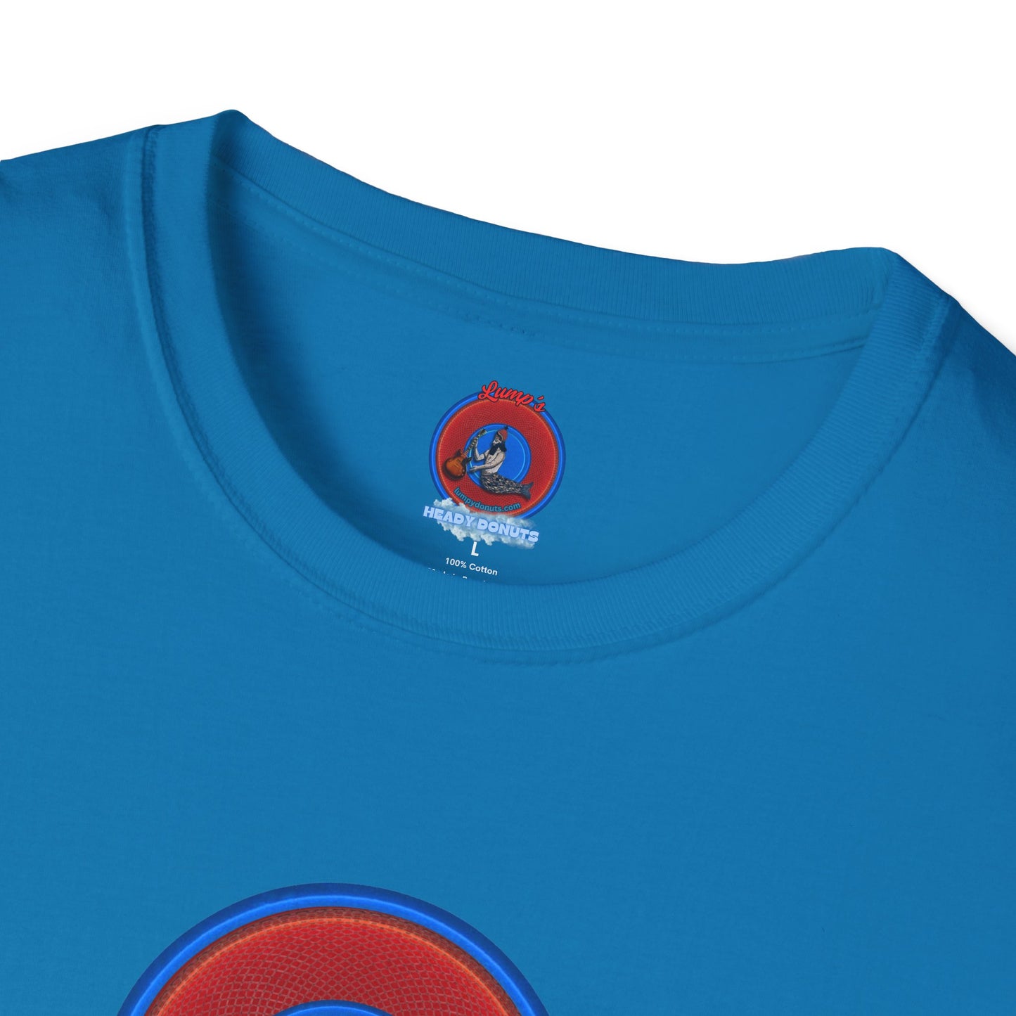 Classic Donut Tee - Unisex Soft-Style - "The Story of the Donut - a Ghostly Good Time" - red/blue rustic donut - variant 1