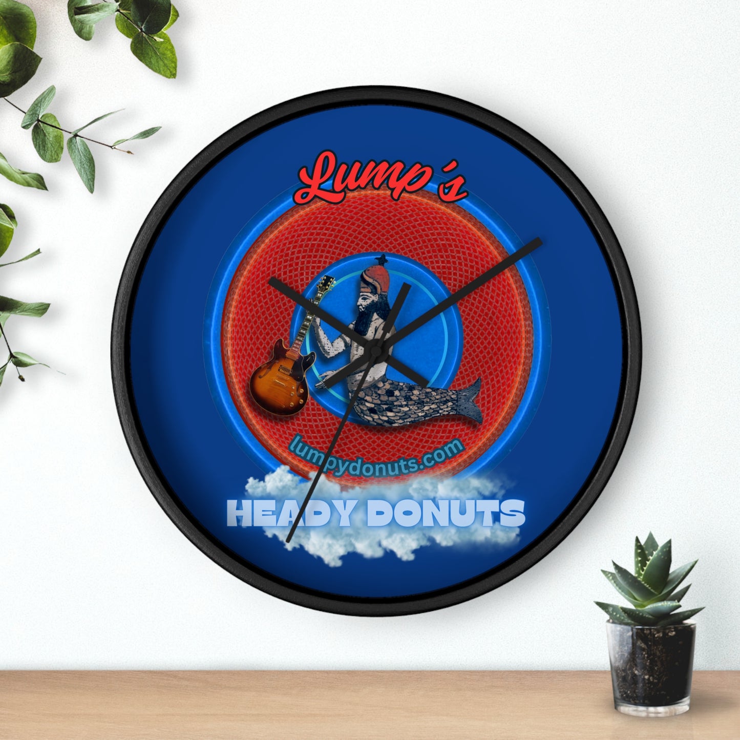 Lumpy Wall Clock - "Lump's Personal Donut Clock" - red rustic donut w/dark blue background
