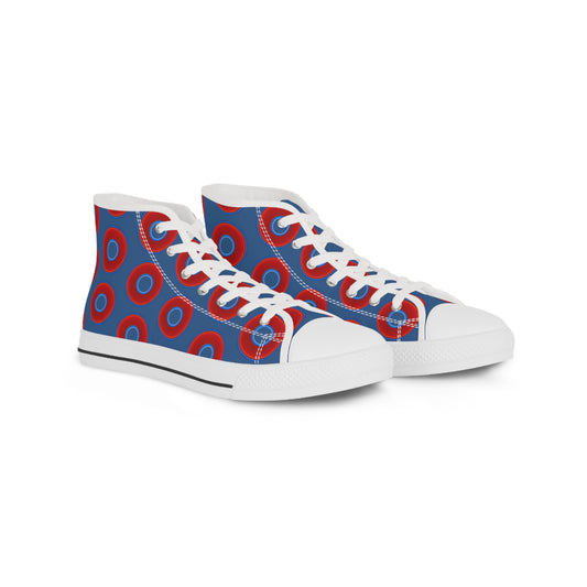 Men's High Top Chucks - large vivid red donut print w/light navy blue background
