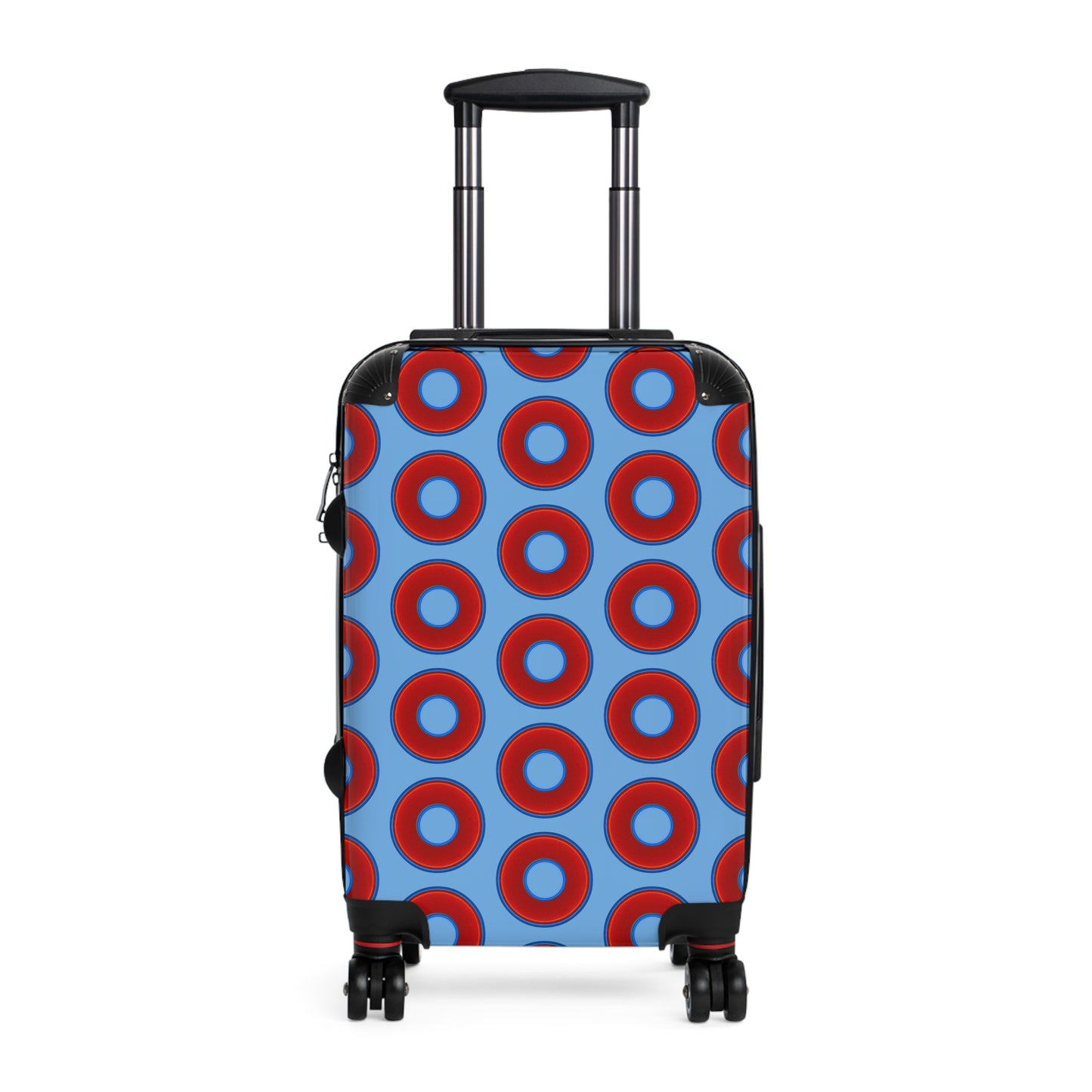 The Very Lumpy Donut Suitcase series - your choice of S, M or L - vivid red donut print w/light blue background