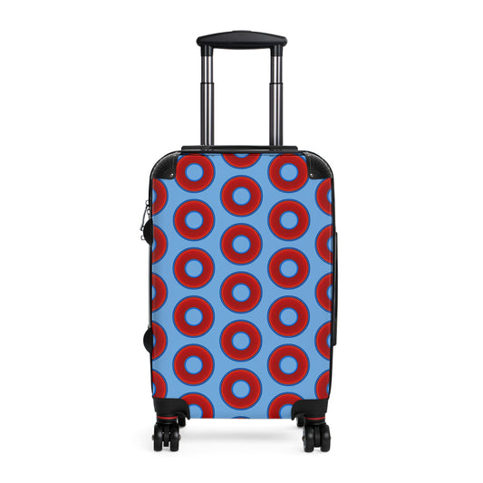 The Very Lumpy Donut Suitcase series - your choice of S, M or L - vivid red donut print w/light blue background