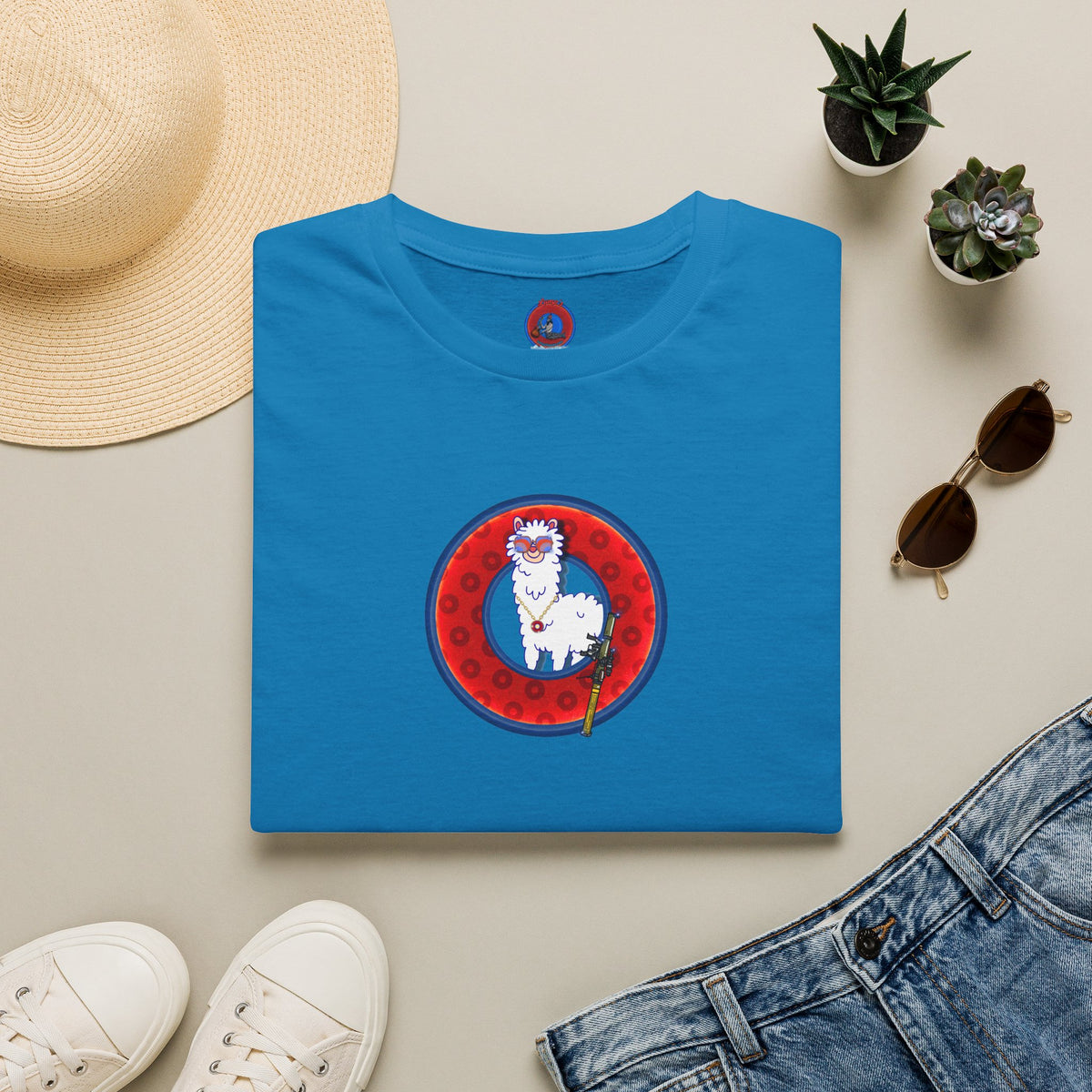 Classic Donut Tee - Unisex Soft-Style - "Medium Paced Llama Donut" - red/blue widemouthed paradox donut