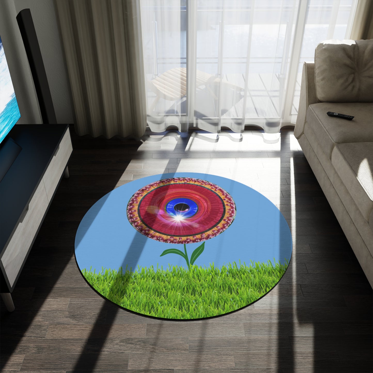 Round Room - 5 ft x 5 ft Lumpy Donut Rug - "Smell The Donuts Inside On My Rug" - red flour donut w/light blue background - variant 2