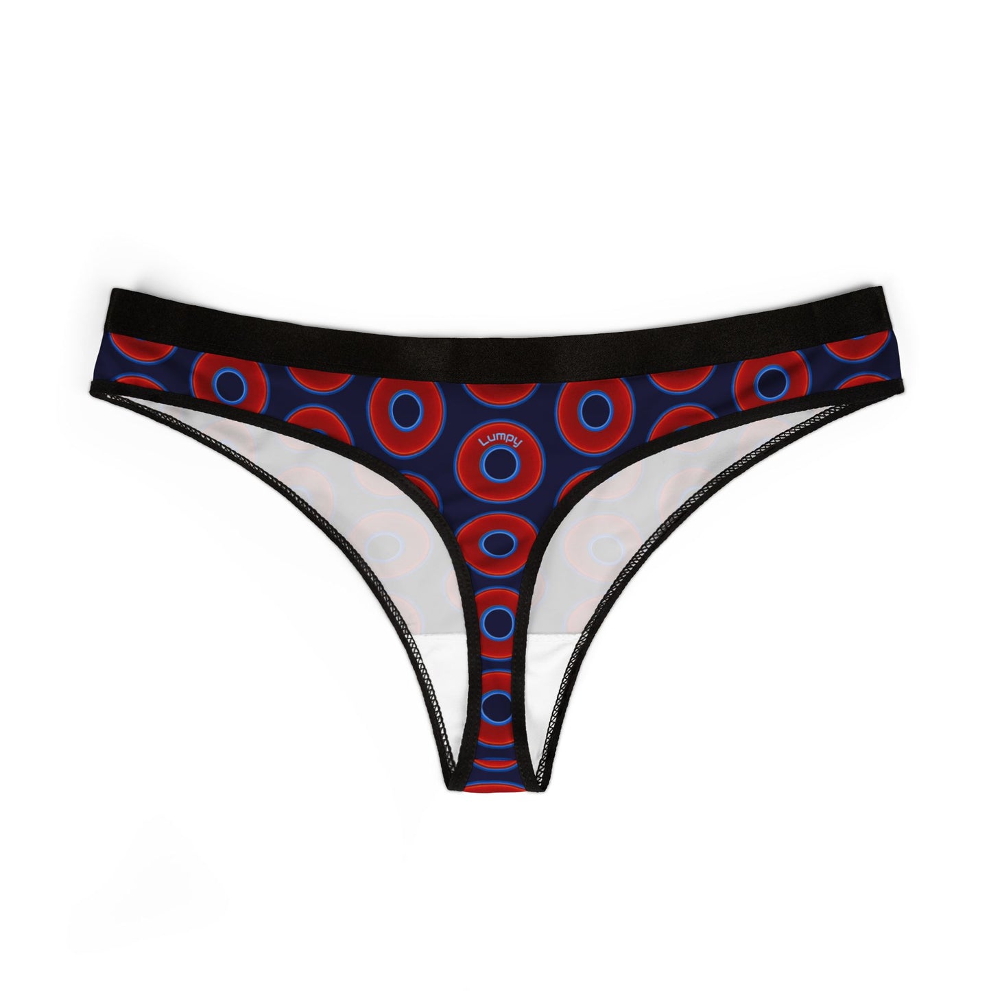 Lumpy Donut Thongs - red vivid donut print w/midnight blue background