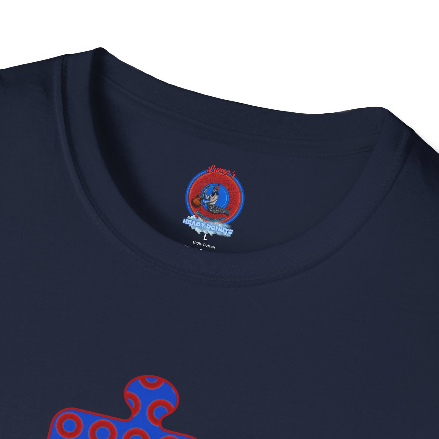 Classic Donut Tee - Unisex Soft-Style - "Trey's Completed Donut Pattern" - vivid red/blue puzzle pattern - variant 2