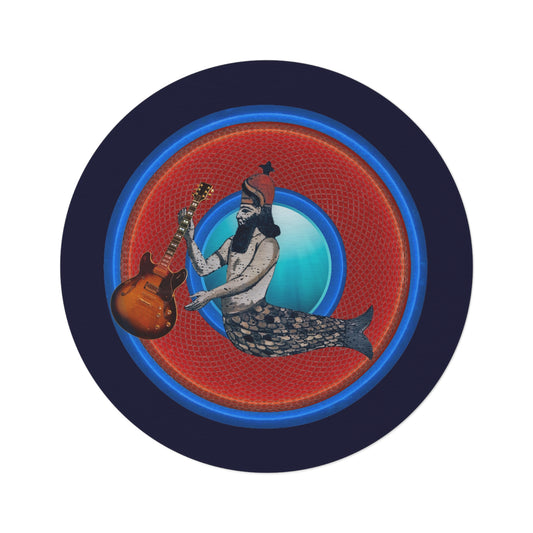 Round Room - 5 ft x 5 ft Lumpy Donut Rug - "Doggone Dagon Donut Rug" - rustic red/blue donut w/navy background - variant 3