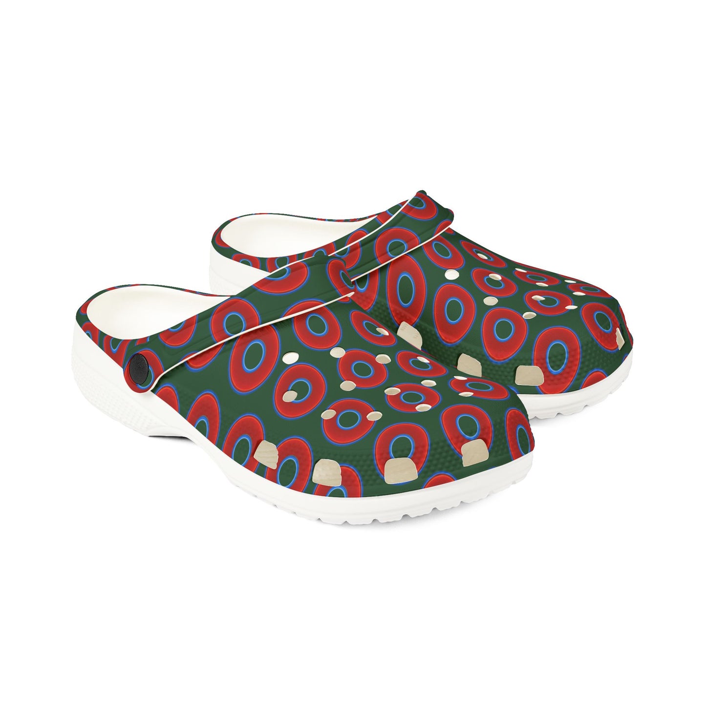 Spatchcocks - donut slip-on shoes - vivid red donuts w/deep pond green background [unisex]