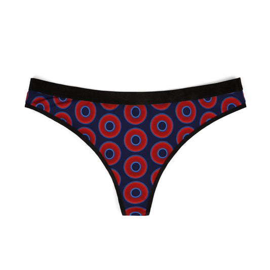Lumpy Donut Thongs - red vivid donut print w/dark navy blue background