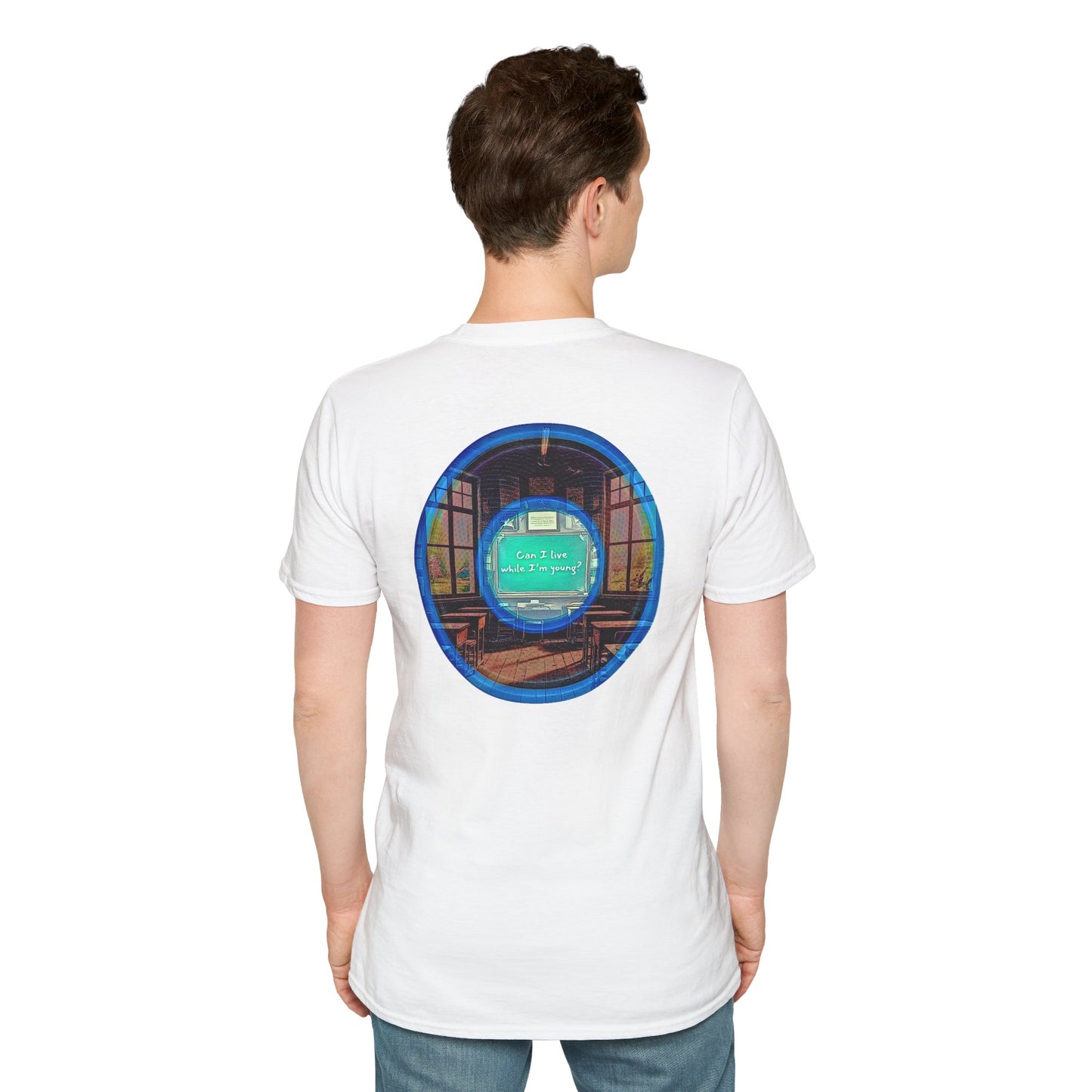 Classic Donut Tee - Unisex Soft-Style - "The Torturous Chalk Dust Donut  " - blue/red picture donut