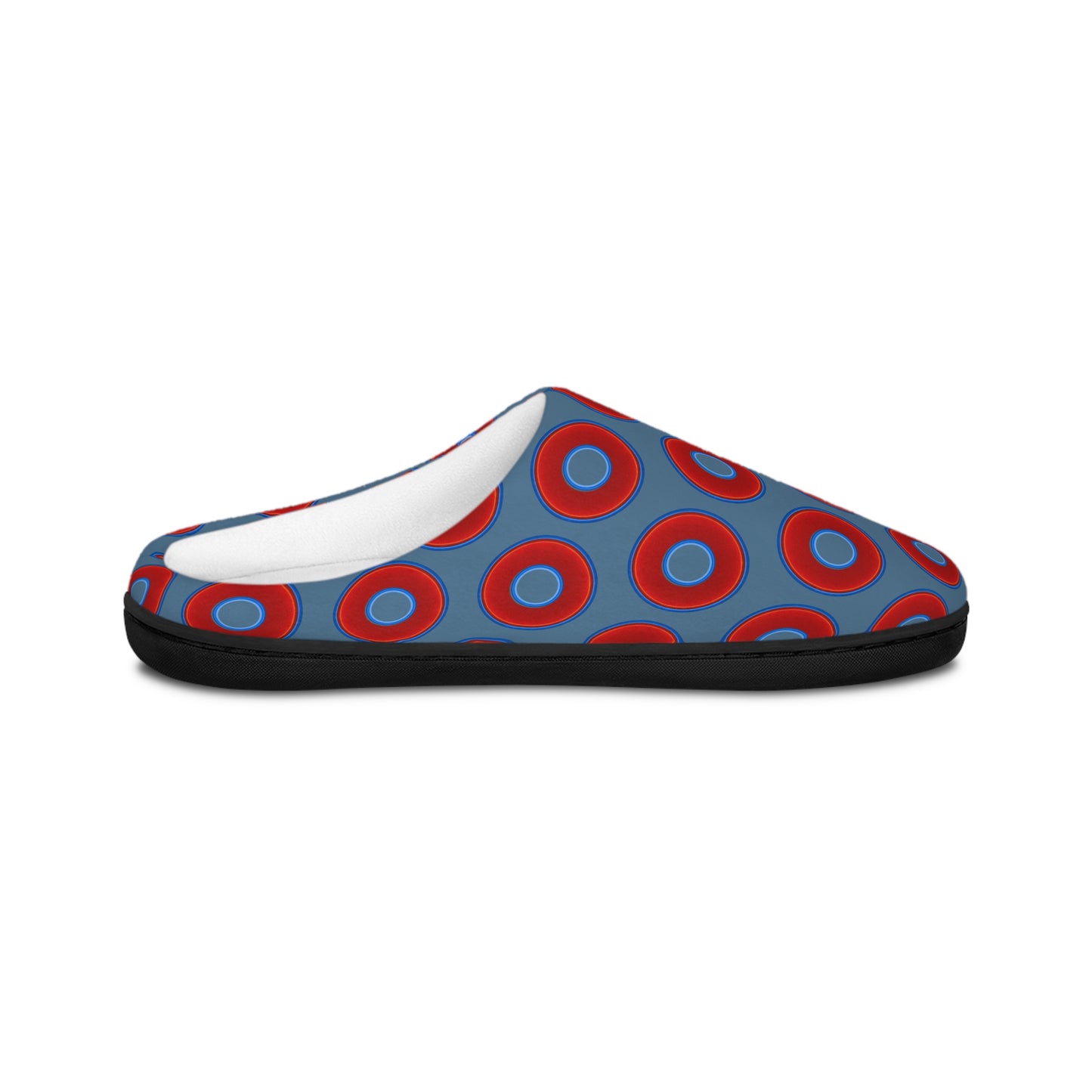 Women's Lumpy Slippers - red vivid donut print w/steel blue background