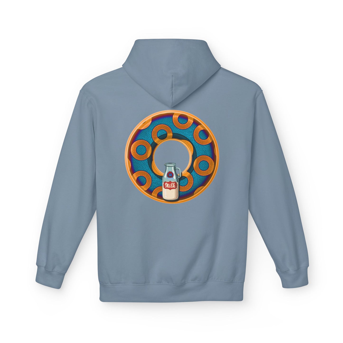 Fleece Harry Hoodies [Midweight Soft-style] - "Wooked Cream Dairy - YEMSG Donut" - blue/orange rustic paradox donut - variant 4