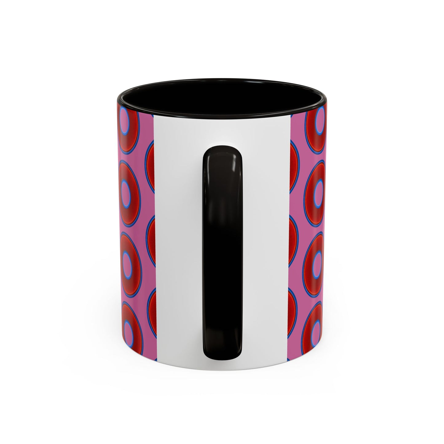 Lump's Grumpy Coffee Mug - vivid red donuts w/pink background