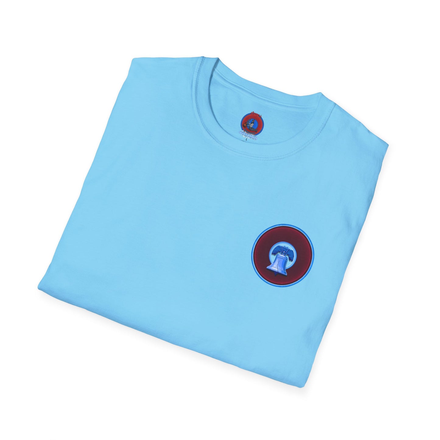 Classic Donut Tee - Unisex Soft-Style - "Brotherly Donuts Jawn" - vivid dark purple-red/light blue donut