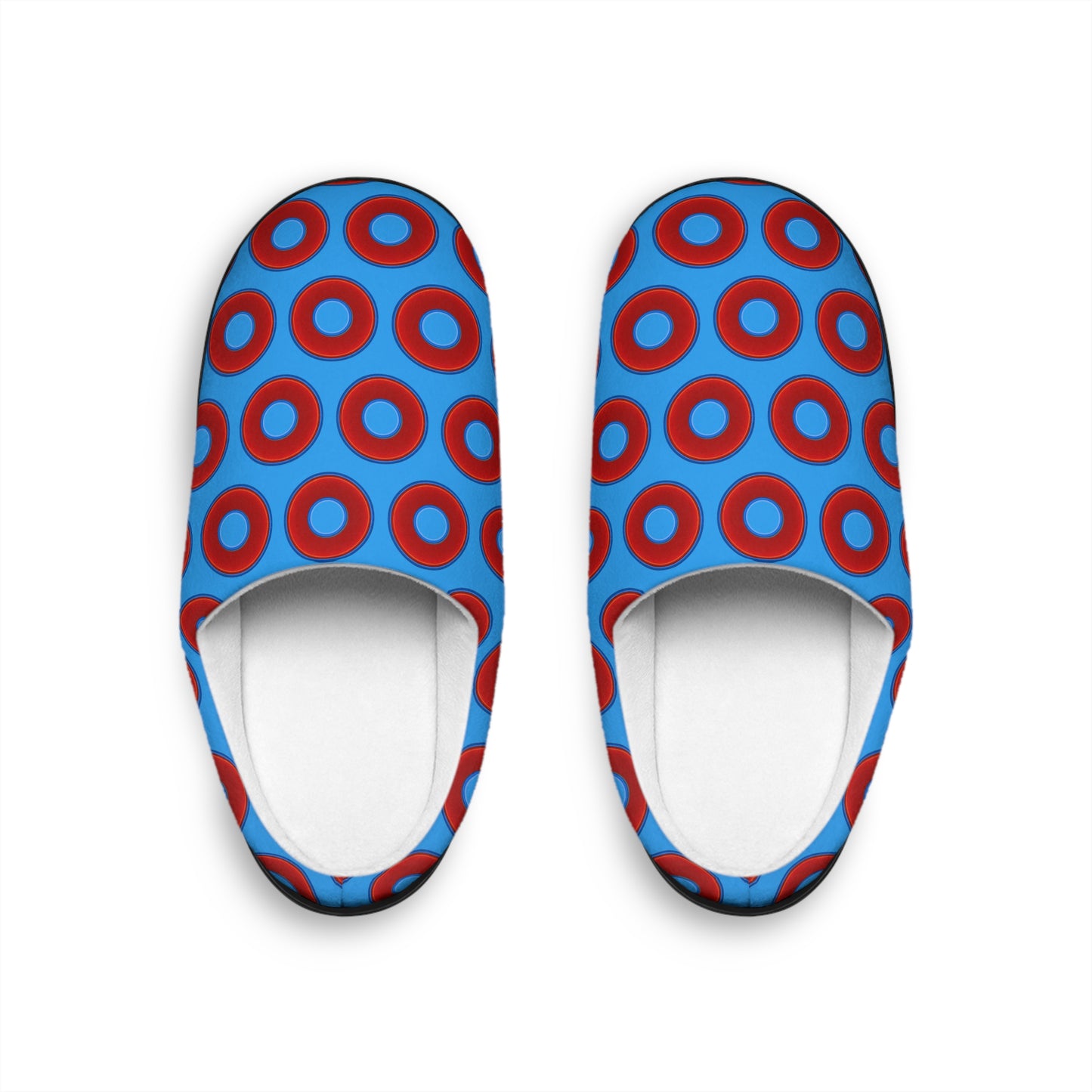 Women's Lumpy Slippers - red vivid donut print w/sky royal blue background