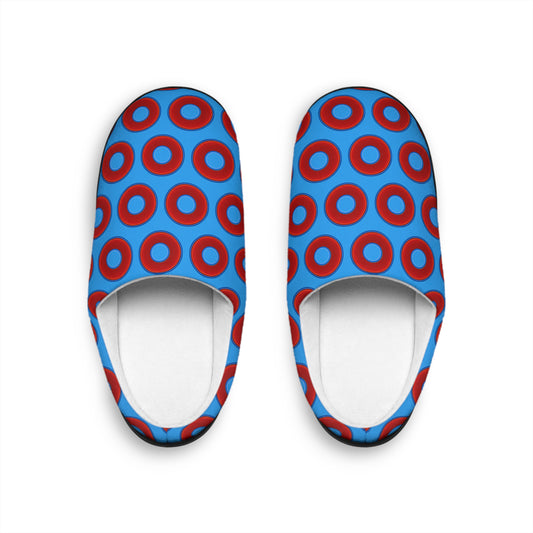 Women's Lumpy Slippers - red vivid donut print w/sky royal blue background
