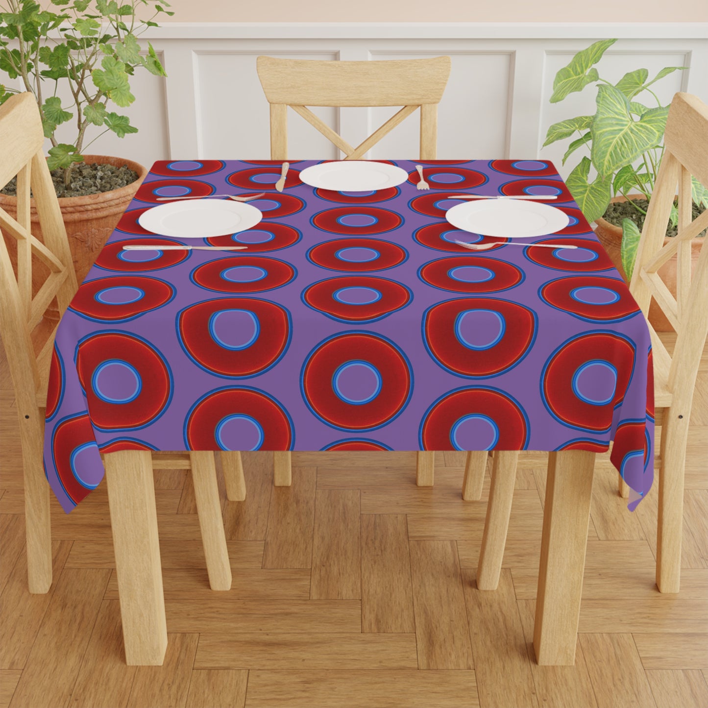 Lumpy Tablecloth - 55.1" x 55.1" - vivid red donuts w/light purple background