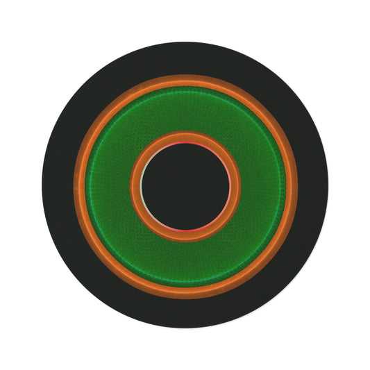 Round Room - 5 ft x 5 ft Lumpy Donut Rug - "Plain Donut" - rustic green/orange donut w/midnight moss green background