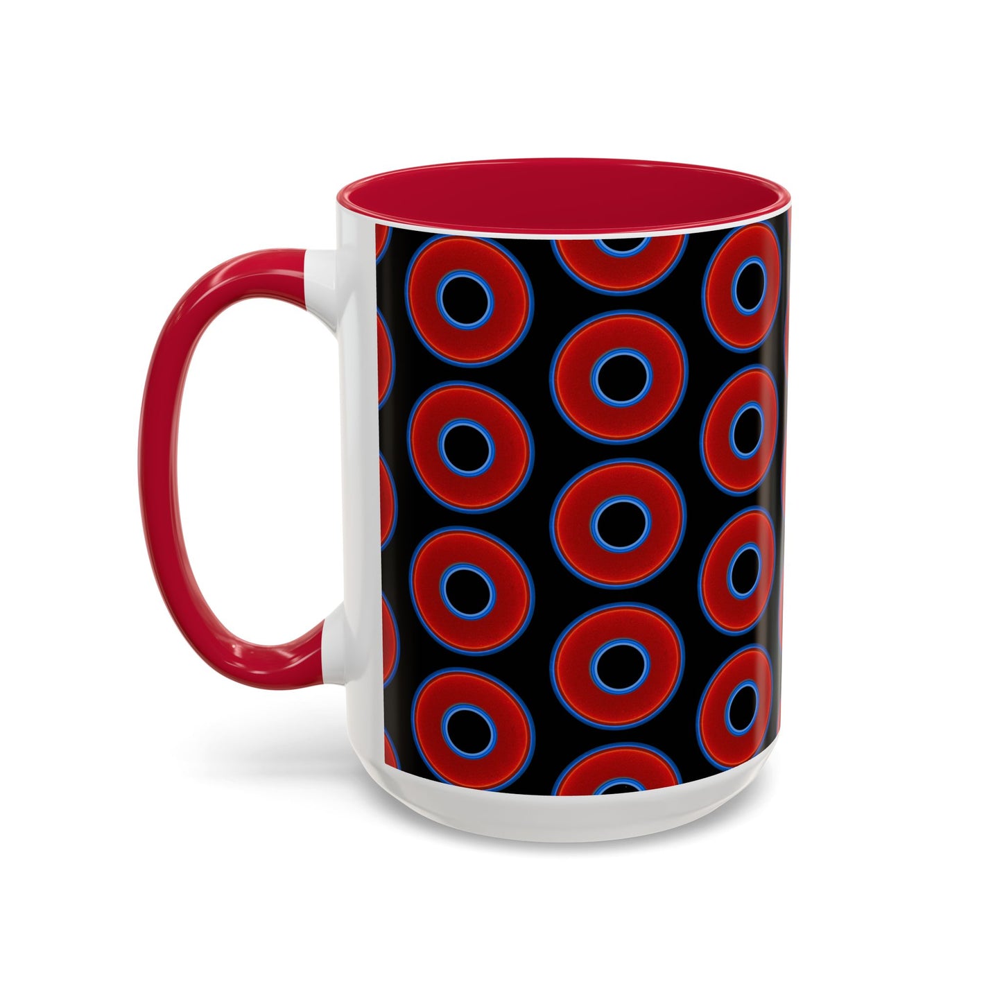 Lump's Grumpy Coffee Mug - vivid red donuts w/black background