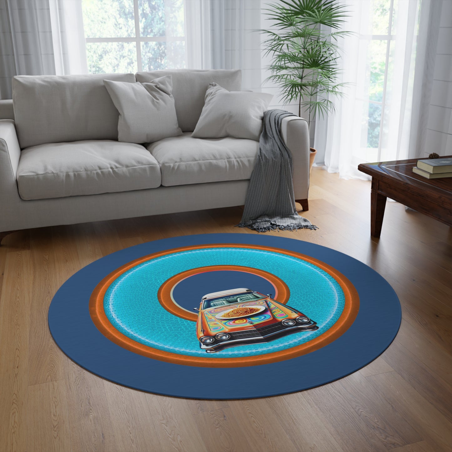 Round Room - 5 ft x 5 ft Lumpy Donut Rug - "Caddy Spaghetti Incident Donut Rug" - rustic light blue/orange donut w/light navy background - variant 3