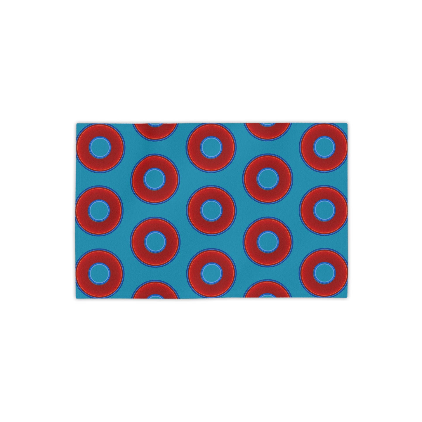 Lumpy Donut Towels - vivid red donuts w/aquamarine blue background