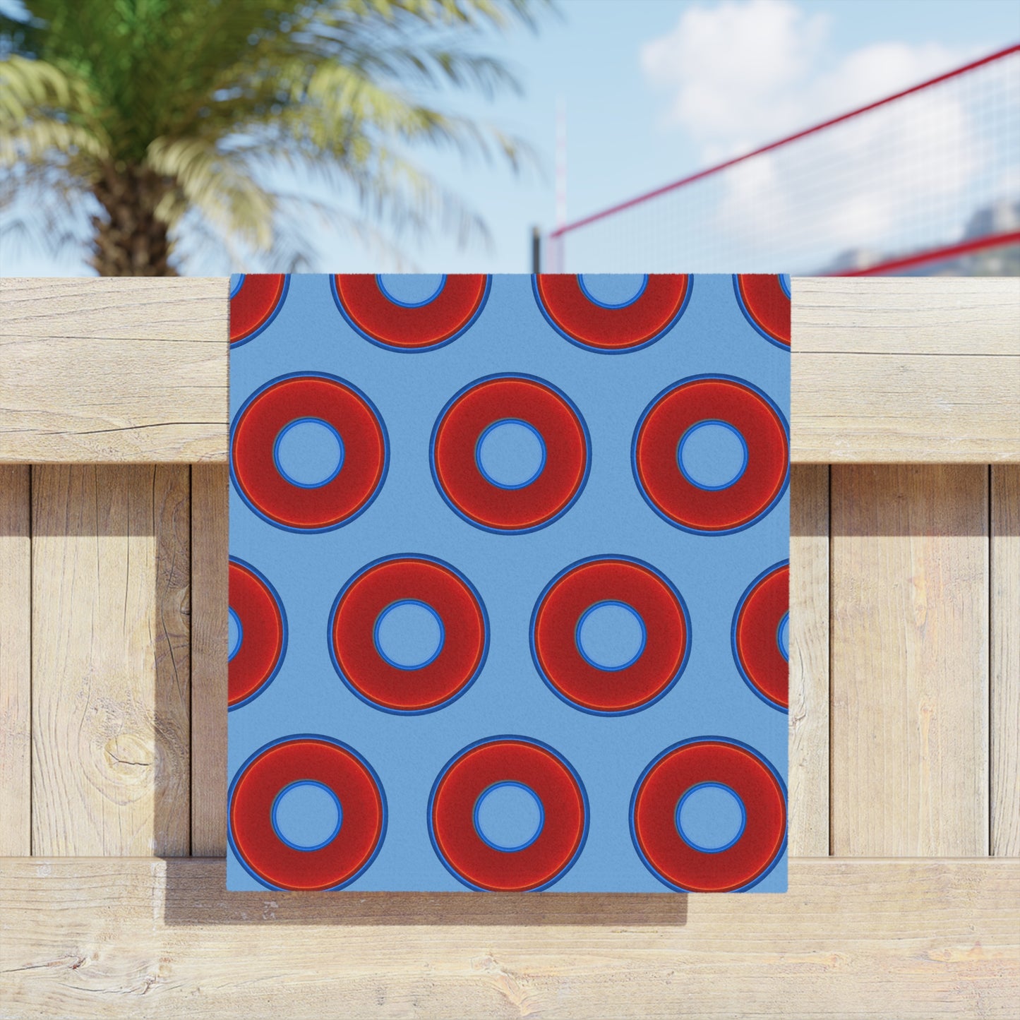 Lumpy Donut Towels - vivid red donuts w/light blue background